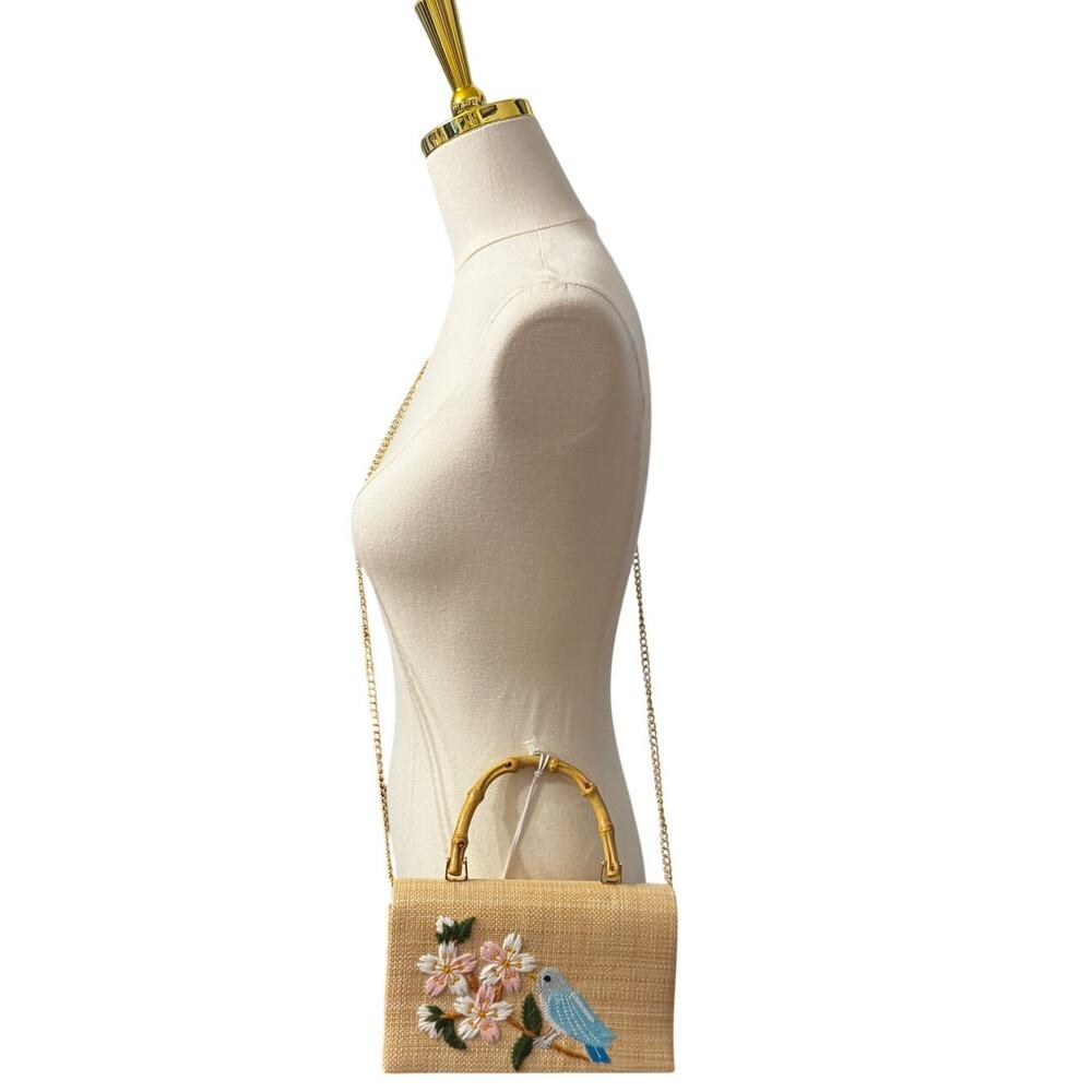 Haute Hippie Raffia Straw Box Bag Embroidered Bird and Blossom Natural NWT - Picture 4 of 5